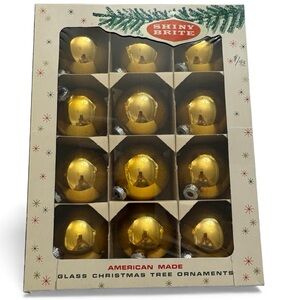 Shiny Brite Mid Century Gold Glass Christmas Tree Ornaments Set of 12 w/ Box